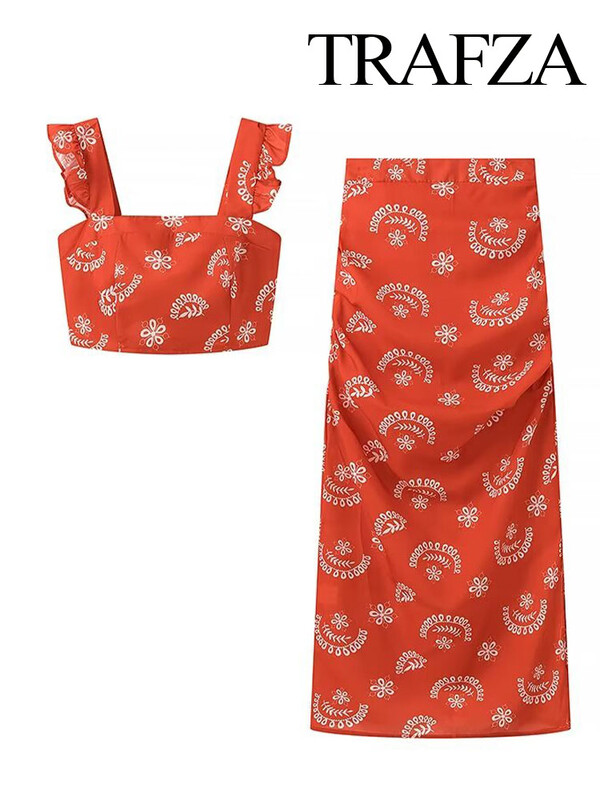 TRAFZA suvemood naiste ülikonnad, trükitud varrukateta, Boheemi stiilis lühike sling top+elastne vööpoolne tõmblukk jaotatud seelik Mujer