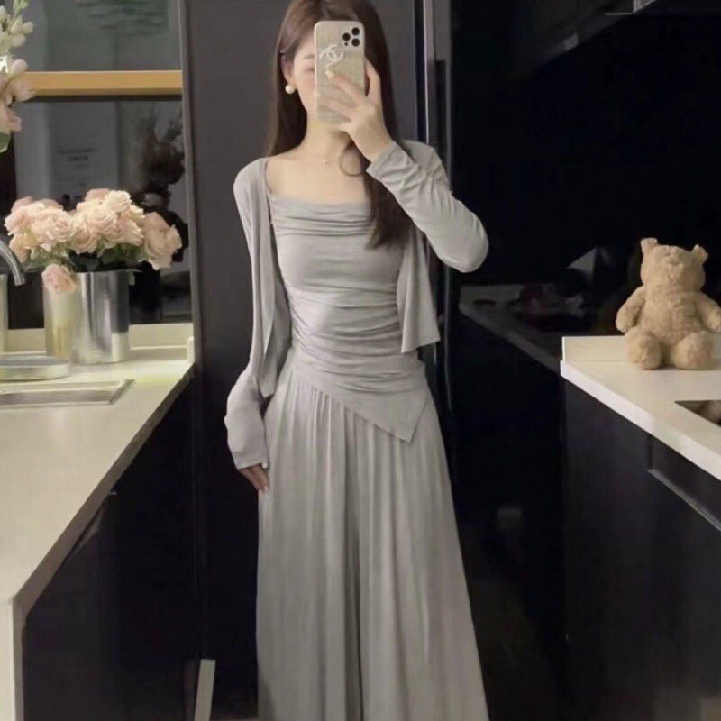 Suures suuruses vabaaja kardigan kõrge vöökohaga salendav naiste ülikond Uus kevadine sügiskollektsioon Kallis moodne kolmeosaline komplekt