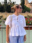 TRAFZA Модна плътна риза с кухи дамски ежедневни горнища с о-образно деколте и къси ръкави Шик женска ежедневна блуза Streetwear 2024
