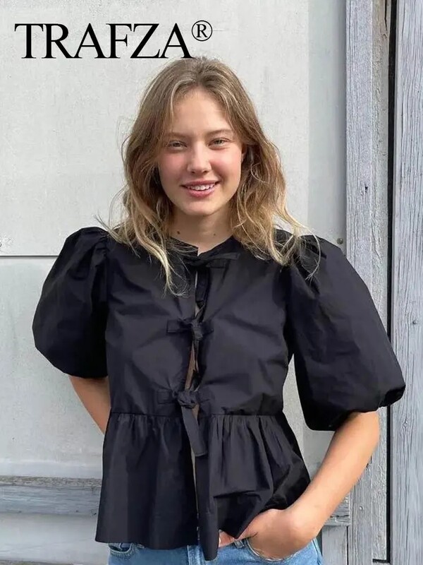 TRAFZA Modna jednobojna izdubljena košulja Ženska kauzalna majica s O izrezom i kratkim rukavima Chic ženska ležerna bluza Ulična odjeća 2024.