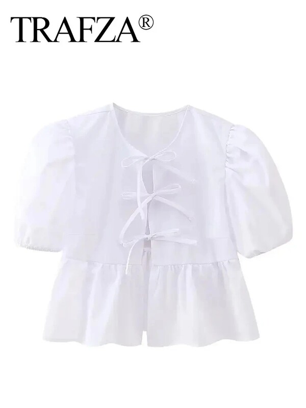 TRAFZA Modna jednobojna izdubljena košulja Ženska kauzalna majica s O izrezom i kratkim rukavima Chic ženska ležerna bluza Ulična odjeća 2024.