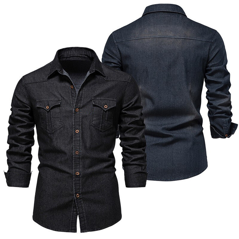 Cămașă nouă de toamnă din denim din bumbac, pentru bărbați, cu mânecă lungă, de culoare solidă, o cămașă casual slim fit, îmbrăcăminte de designer pentru bărbați, cămăși de cowboy pentru bărbați