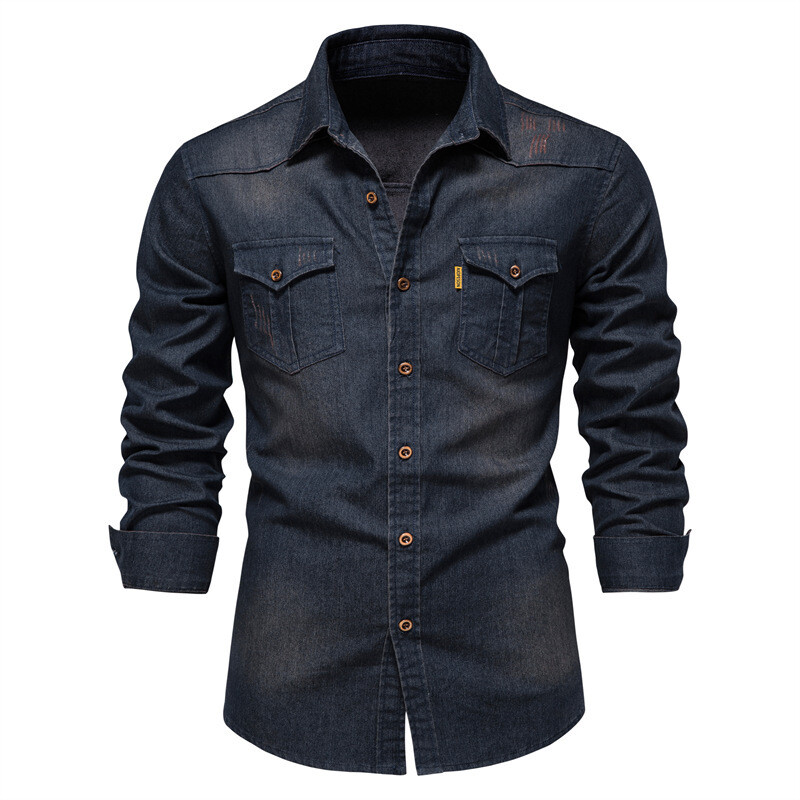 Cămașă nouă de toamnă din denim din bumbac, pentru bărbați, cu mânecă lungă, de culoare solidă, o cămașă casual slim fit, îmbrăcăminte de designer pentru bărbați, cămăși de cowboy pentru bărbați