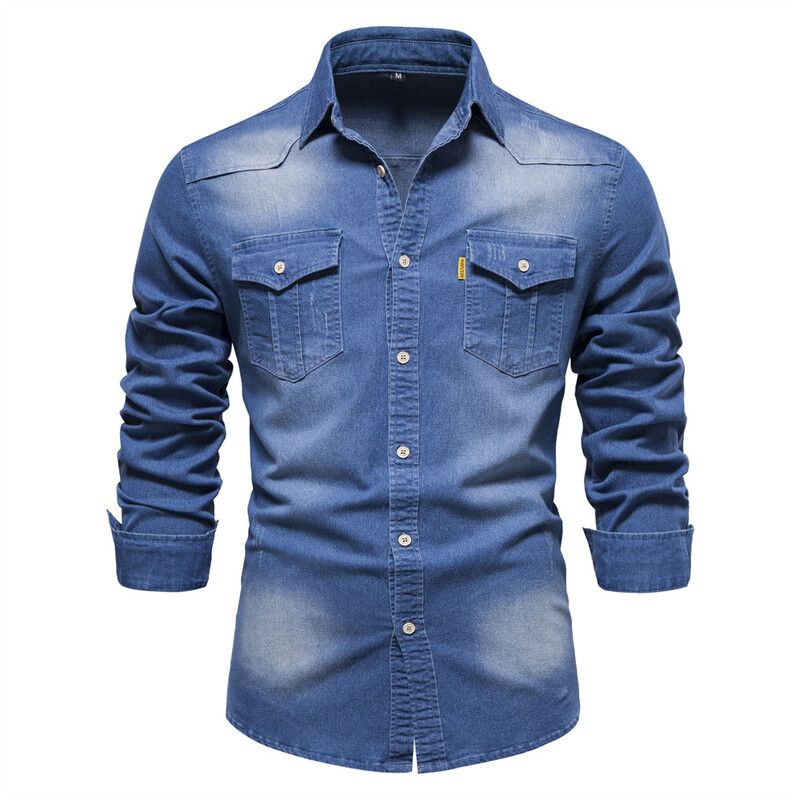 Cămașă nouă de toamnă din denim din bumbac, pentru bărbați, cu mânecă lungă, de culoare solidă, o cămașă casual slim fit, îmbrăcăminte de designer pentru bărbați, cămăși de cowboy pentru bărbați