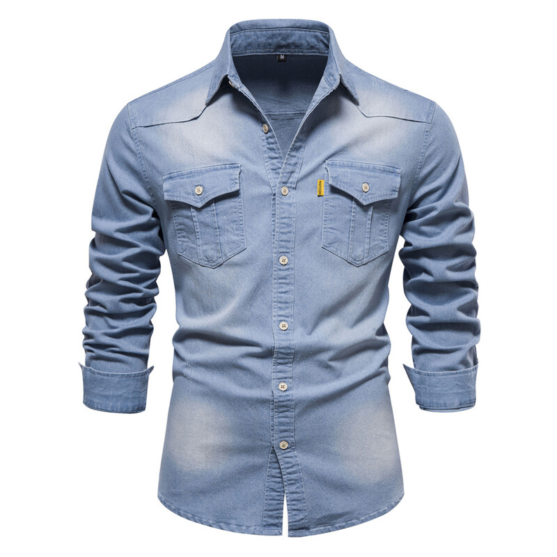 Cămașă nouă de toamnă din denim din bumbac, pentru bărbați, cu mânecă lungă, de culoare solidă, o cămașă casual slim fit, îmbrăcăminte de designer pentru bărbați, cămăși de cowboy pentru bărbați