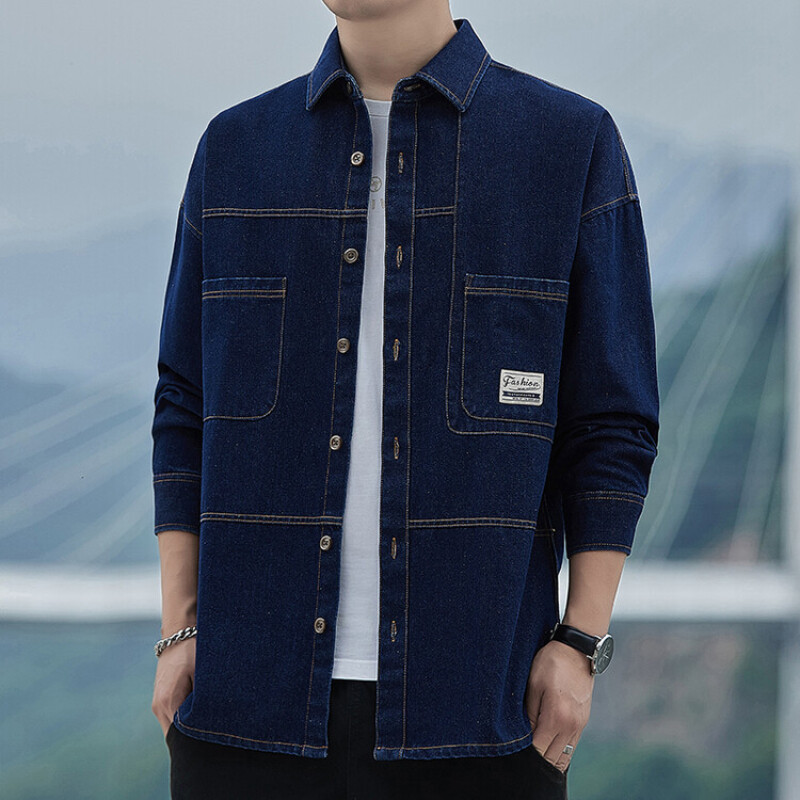 Sügis õhuke teksasärk Meeste pikkade varrukatega vabaaja mood mitmekülgne helesinine lahtine ühevärviline särk