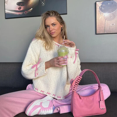 Naiste vabaaja kontrastsusega silmkoeline kampsun Elegantne O-kaelusega vööripits, pikkade varrukatega naiste pulloverid 2024. aasta sügis, uus Chi Lady kudum