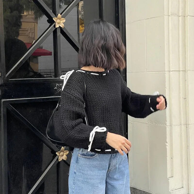 Naiste vabaaja kontrastsusega silmkoeline kampsun Elegantne O-kaelusega vööripits, pikkade varrukatega naiste pulloverid 2024. aasta sügis, uus Chi Lady kudum