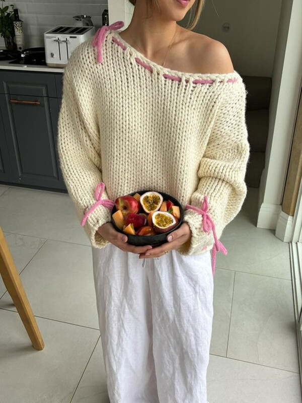 Naiste vabaaja kontrastsusega silmkoeline kampsun Elegantne O-kaelusega vööripits, pikkade varrukatega naiste pulloverid 2024. aasta sügis, uus Chi Lady kudum