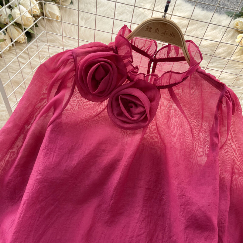 Bluză sexy cu mâneci bufante cu mânecă lungă, cu decolteu în formă de O, cu pliuri florale, subțire, elegantă, la modă, de bază șic, primăvară vară, cămașă pentru femei