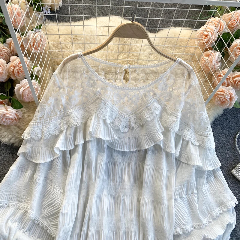 Bluză cu plasă franceză cu îmbinare pentru femei, elegantă, solidă, cu mâneci bufante, din dantelă, cu volane, bluze de toamnă, ocazional, maiuri Streetwear