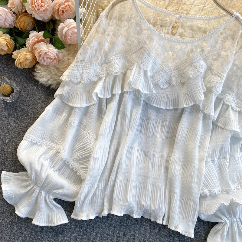 Bluză cu plasă franceză cu îmbinare pentru femei, elegantă, solidă, cu mâneci bufante, din dantelă, cu volane, bluze de toamnă, ocazional, maiuri Streetwear