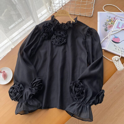 2024 Ruffles Flower Loose γυναικείο πουκάμισο Κομψό O λαιμό μακρυμάνικο διαφανές λεπτό γυναικείο πλέγμα Casual fashion Chic μπλούζα