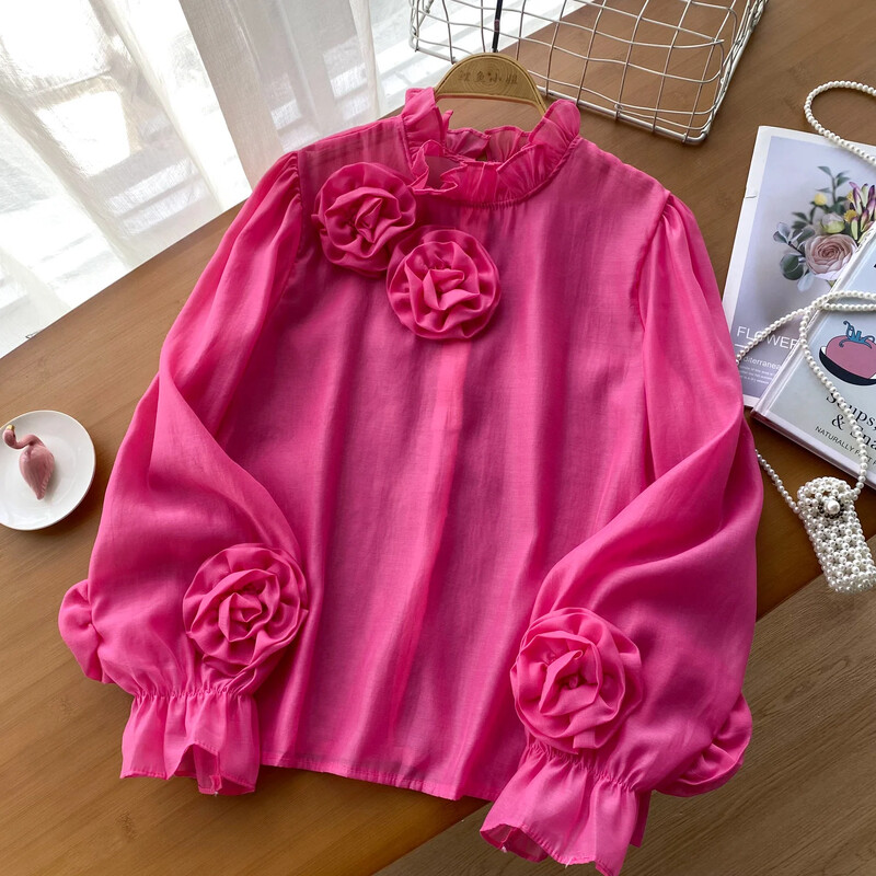 2024 Ruffles Flower Loose γυναικείο πουκάμισο Κομψό O λαιμό μακρυμάνικο διαφανές λεπτό γυναικείο πλέγμα Casual fashion Chic μπλούζα