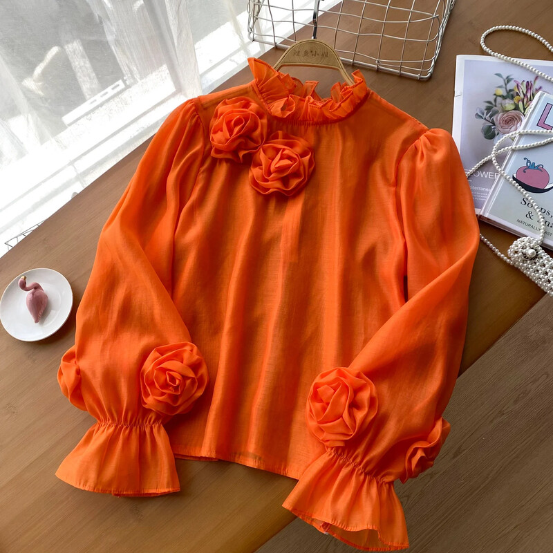 2024 Ruffles Flower Loose γυναικείο πουκάμισο Κομψό O λαιμό μακρυμάνικο διαφανές λεπτό γυναικείο πλέγμα Casual fashion Chic μπλούζα