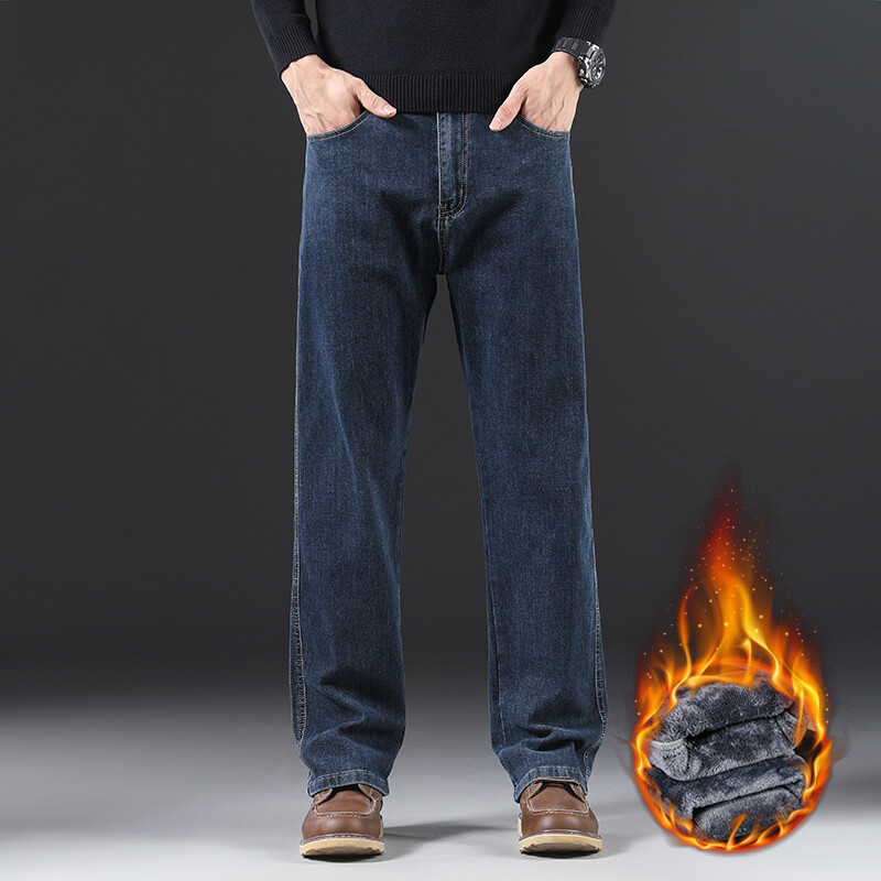 Blugi periați, drepti, supradimensionați de iarnă, ocazional, largi, la modă, pantaloni îngroșați, elastici, caldi, pantaloni din denim fleece