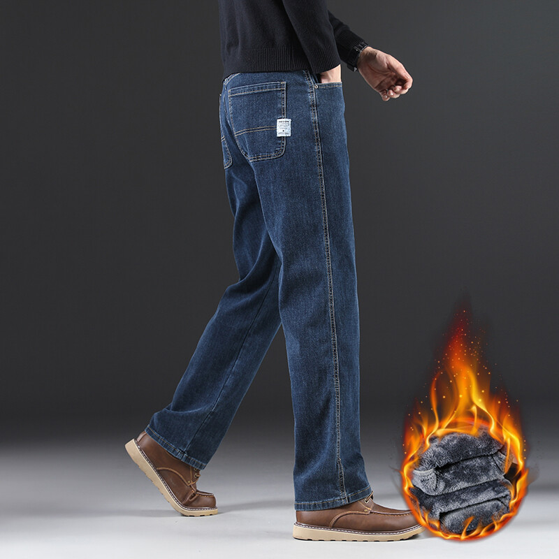 Blugi periați, drepti, supradimensionați de iarnă, ocazional, largi, la modă, pantaloni îngroșați, elastici, caldi, pantaloni din denim fleece