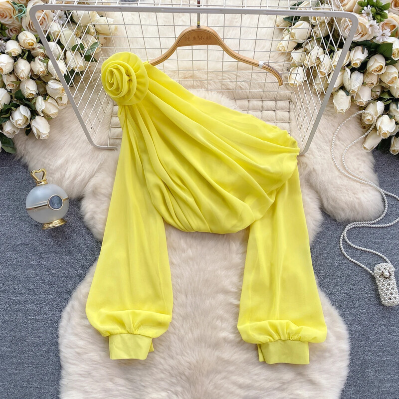 2024 Mrežaste šifonske majice s kosim ovratnikom s cvjetnim aplikacijama za žene Elegantne modne klupske skraćene majice Prozirni pulover Novo