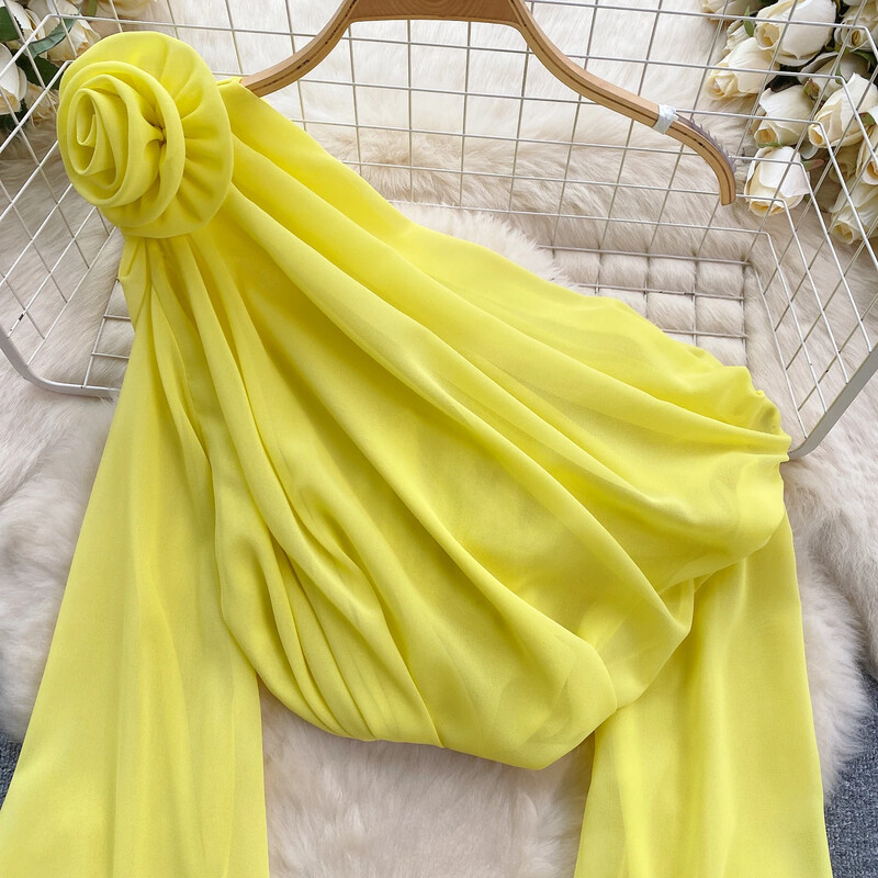 2024 Mrežaste šifonske majice s kosim ovratnikom s cvjetnim aplikacijama za žene Elegantne modne klupske skraćene majice Prozirni pulover Novo