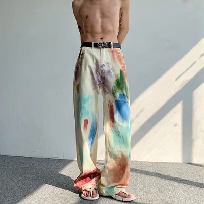 Avarad salendavad sirge säärega vabaaja teksad Meeste värvilised käsitsi joonistatud pintsli stiilis Ameerika vibe suvepüksid tänavapüksid