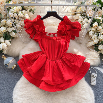 Retro plisseeritud Ruffle Pluus, sifonkist topp Seksikas särk Naiste camis Tänavarõivad suvine Korea mood Mood Crop Top