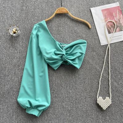 2024. aasta viltuse kraega seksikas pluus, elastne vöökoht, kõverdatud pikkade varrukatega õhukesed rannatopid, naiste korea stiilis soliidsed lühikesed pluusid 2022