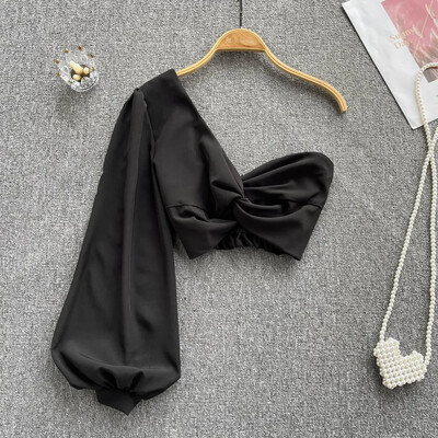 2024. aasta viltuse kraega seksikas pluus, elastne vöökoht, kõverdatud pikkade varrukatega õhukesed rannatopid, naiste korea stiilis soliidsed lühikesed pluusid 2022