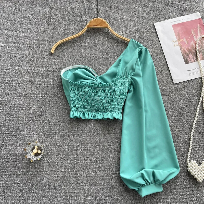 2024. aasta viltuse kraega seksikas pluus, elastne vöökoht, kõverdatud pikkade varrukatega õhukesed rannatopid, naiste korea stiilis soliidsed lühikesed pluusid 2022