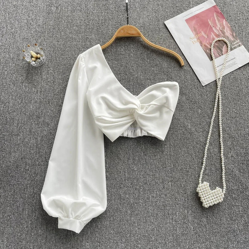 2024. aasta viltuse kraega seksikas pluus, elastne vöökoht, kõverdatud pikkade varrukatega õhukesed rannatopid, naiste korea stiilis soliidsed lühikesed pluusid 2022