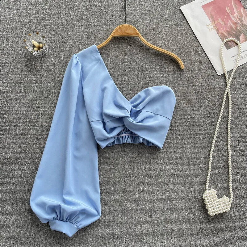 2024. aasta viltuse kraega seksikas pluus, elastne vöökoht, kõverdatud pikkade varrukatega õhukesed rannatopid, naiste korea stiilis soliidsed lühikesed pluusid 2022