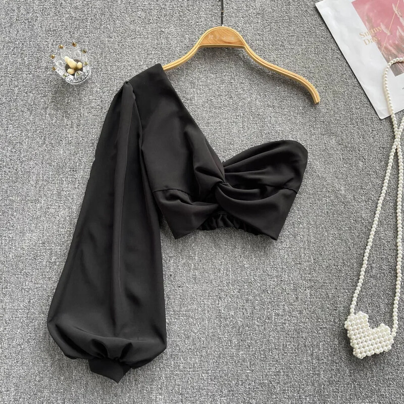 2024. aasta viltuse kraega seksikas pluus, elastne vöökoht, kõverdatud pikkade varrukatega õhukesed rannatopid, naiste korea stiilis soliidsed lühikesed pluusid 2022