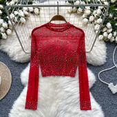 Femei Chic cu mâneci luptă din plasă transparentă decupată cu strasuri Top cu plasă subțire Moda fără mâneci Top vară Femei Bluză