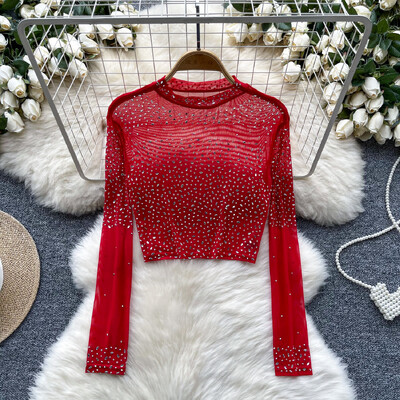 Femei Chic cu mâneci luptă din plasă transparentă decupată cu strasuri Top cu plasă subțire Moda fără mâneci Top vară Femei Bluză