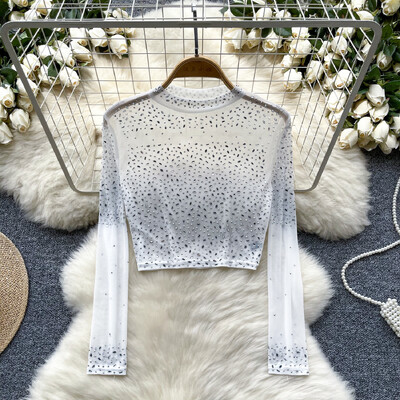 Femei Chic cu mâneci luptă din plasă transparentă decupată cu strasuri Top cu plasă subțire Moda fără mâneci Top vară Femei Bluză