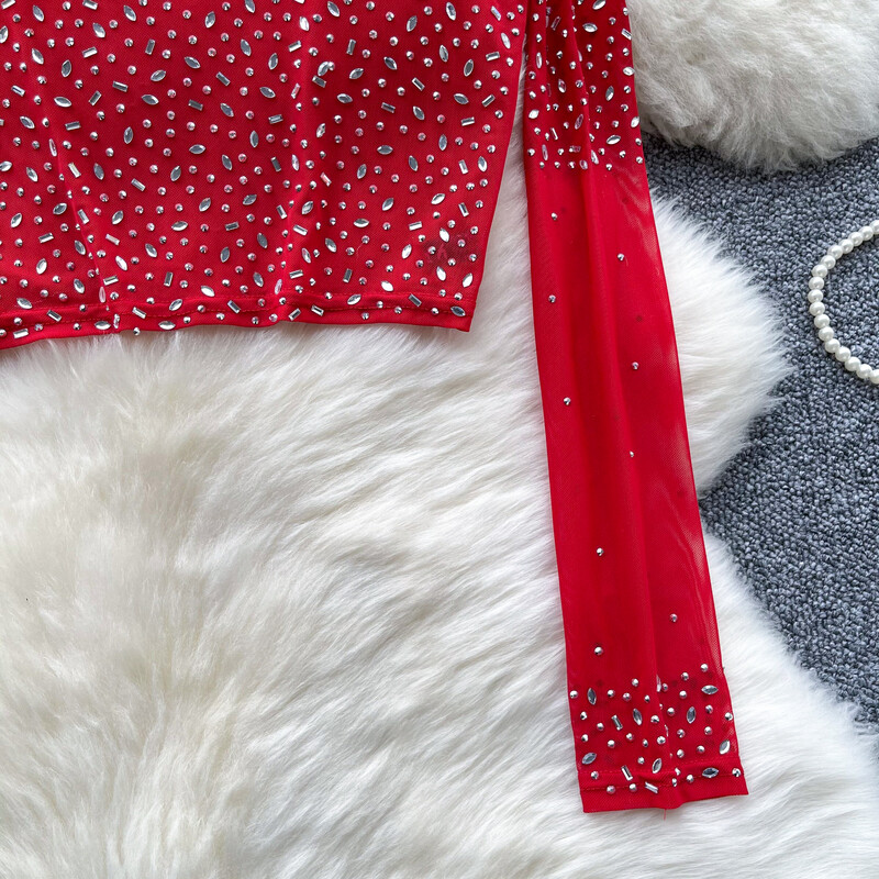 Femei Chic cu mâneci luptă din plasă transparentă decupată cu strasuri Top cu plasă subțire Moda fără mâneci Top vară Femei Bluză