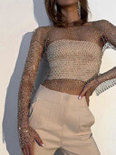 Naiste seksikas läbipaistva võrguga T-särk Läikiv Rhinestone Fishnet Hollow Out Crop Top Pikkade varrukatega Beach Cover Up Party Club Tankid