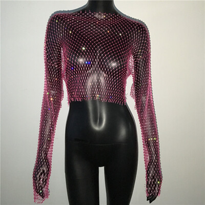 Naiste seksikas läbipaistva võrguga T-särk Läikiv Rhinestone Fishnet Hollow Out Crop Top Pikkade varrukatega Beach Cover Up Party Club Tankid