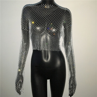 Naiste seksikas läbipaistva võrguga T-särk Läikiv Rhinestone Fishnet Hollow Out Crop Top Pikkade varrukatega Beach Cover Up Party Club Tankid