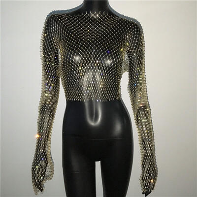Naiste seksikas läbipaistva võrguga T-särk Läikiv Rhinestone Fishnet Hollow Out Crop Top Pikkade varrukatega Beach Cover Up Party Club Tankid