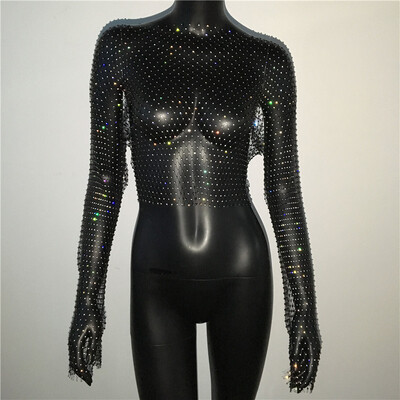 Naiste seksikas läbipaistva võrguga T-särk Läikiv Rhinestone Fishnet Hollow Out Crop Top Pikkade varrukatega Beach Cover Up Party Club Tankid