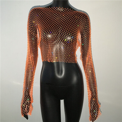 Naiste seksikas läbipaistva võrguga T-särk Läikiv Rhinestone Fishnet Hollow Out Crop Top Pikkade varrukatega Beach Cover Up Party Club Tankid