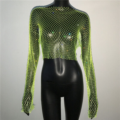 Naiste seksikas läbipaistva võrguga T-särk Läikiv Rhinestone Fishnet Hollow Out Crop Top Pikkade varrukatega Beach Cover Up Party Club Tankid
