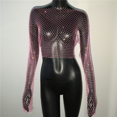 Naiste seksikas läbipaistva võrguga T-särk Läikiv Rhinestone Fishnet Hollow Out Crop Top Pikkade varrukatega Beach Cover Up Party Club Tankid