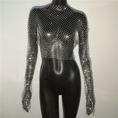 Naiste seksikas läbipaistva võrguga T-särk Läikiv Rhinestone Fishnet Hollow Out Crop Top Pikkade varrukatega Beach Cover Up Party Club Tankid