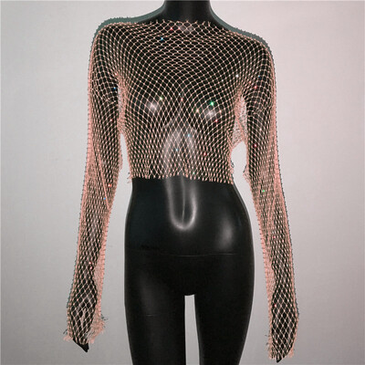 Naiste seksikas läbipaistva võrguga T-särk Läikiv Rhinestone Fishnet Hollow Out Crop Top Pikkade varrukatega Beach Cover Up Party Club Tankid