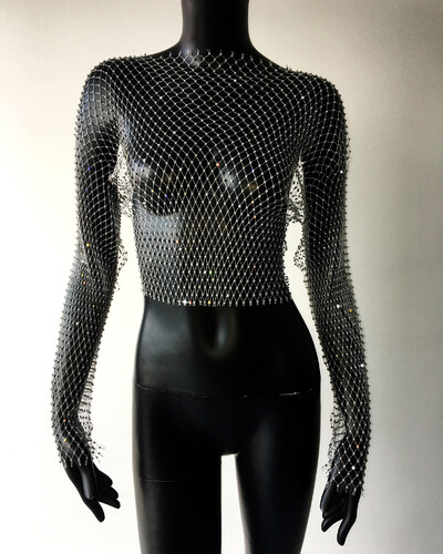 Naiste seksikas läbipaistva võrguga T-särk Läikiv Rhinestone Fishnet Hollow Out Crop Top Pikkade varrukatega Beach Cover Up Party Club Tankid