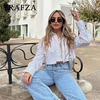 TRAFZA 2024 Άνοιξη casual γυναικεία κοντά πουκάμισα Μόδα Streetwear Μασίφ τσέπες με στριφογυριστό γιακά Μονό στήθος Κομψό κοντό πουκάμισο