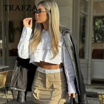 TRAFZA 2024 Άνοιξη casual γυναικεία κοντά πουκάμισα Μόδα Streetwear Μασίφ τσέπες με στριφογυριστό γιακά Μονό στήθος Κομψό κοντό πουκάμισο