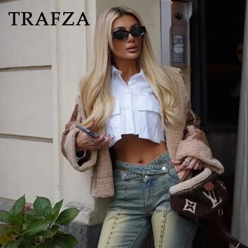 TRAFZA 2024 Άνοιξη casual γυναικεία κοντά πουκάμισα Μόδα Streetwear Μασίφ τσέπες με στριφογυριστό γιακά Μονό στήθος Κομψό κοντό πουκάμισο