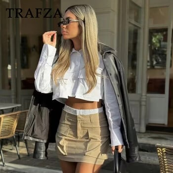 TRAFZA 2024 Άνοιξη casual γυναικεία κοντά πουκάμισα Μόδα Streetwear Μασίφ τσέπες με στριφογυριστό γιακά Μονό στήθος Κομψό κοντό πουκάμισο